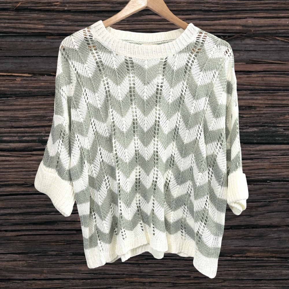 POL Chevron Open-Knit Scoop Neck Sweater in Cream and Sage Green